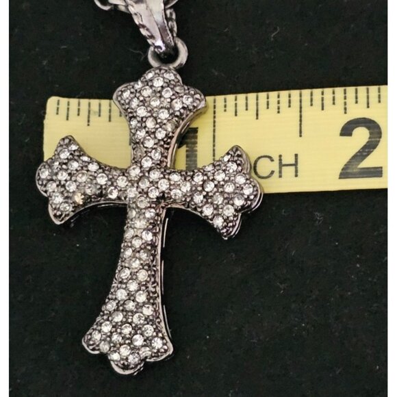 Black Crystal Cross Pendant Necklace, Clear Pave Rhinestones, Gothic Style - Picture 5 of 7